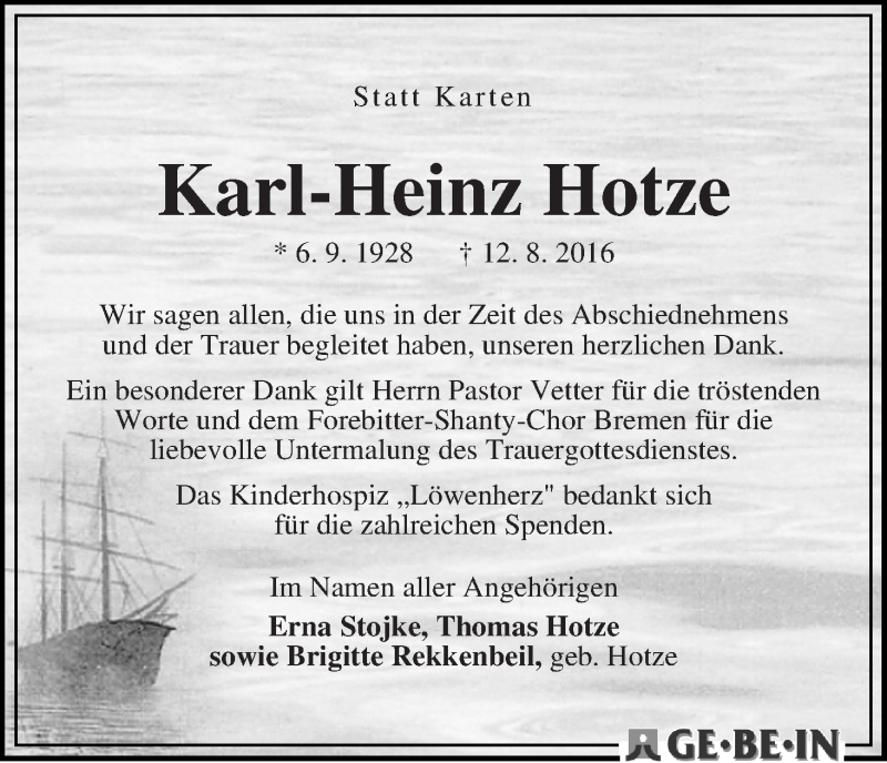 Traueranzeige von Karl-Heinz Hotze von WESER-KURIER