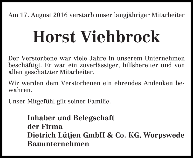 Traueranzeige von Horst Viehbrock von Wuemme Zeitung