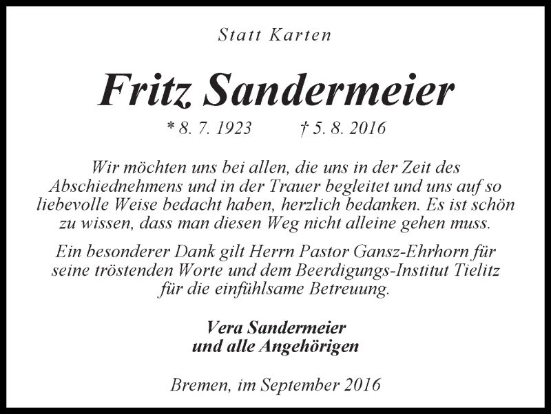 Traueranzeige von Fritz Sandermeier von WESER-KURIER