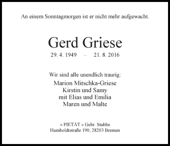 Traueranzeige von Gerd Griese