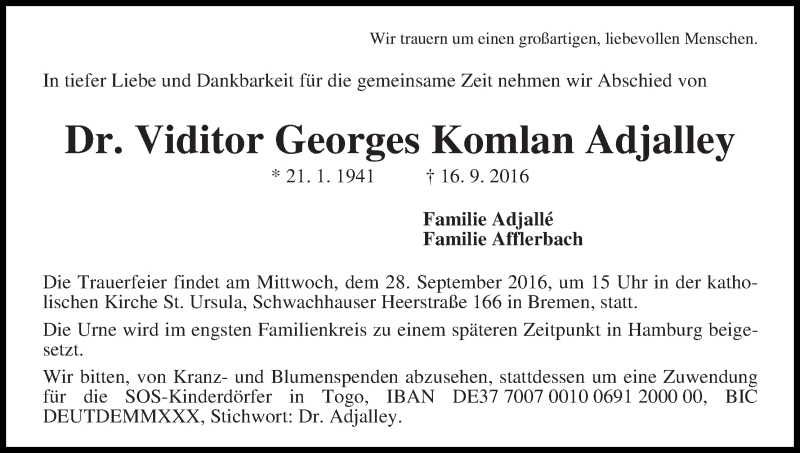 Traueranzeige von Viditor Georges Komlan Adjalley von WESER-KURIER