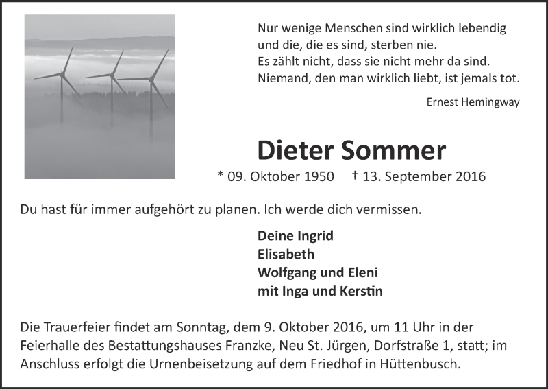 Traueranzeige von Dieter Sommer von Wuemme Zeitung