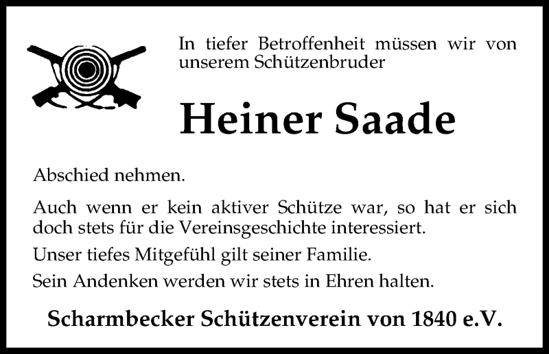  Traueranzeige für Heiner Saade vom 19.09.2016 aus Osterholzer Kreisblatt