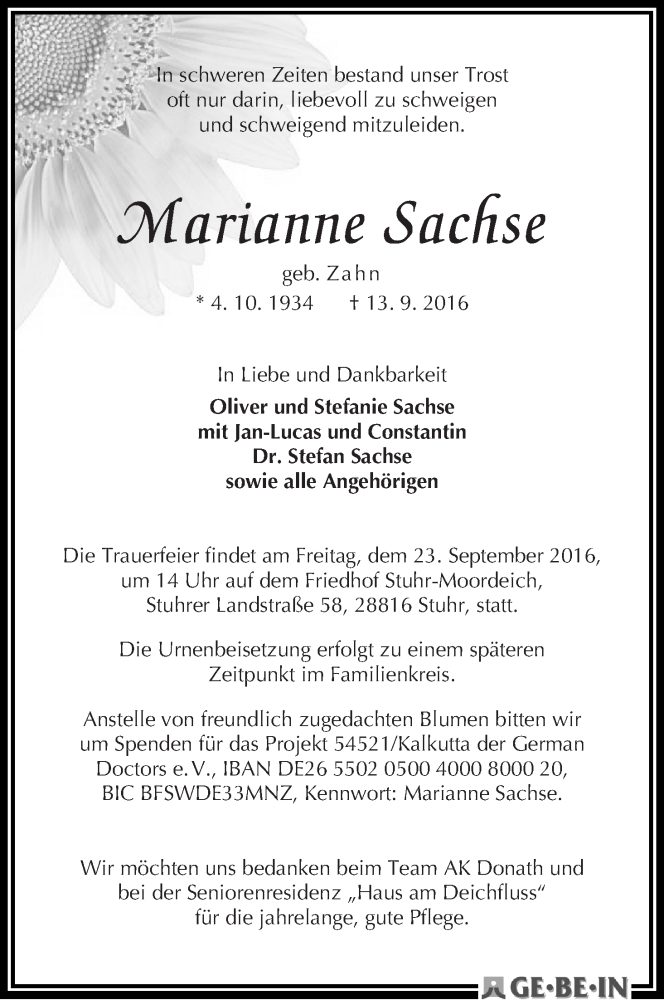 Traueranzeige von Marianne Sachse von WESER-KURIER