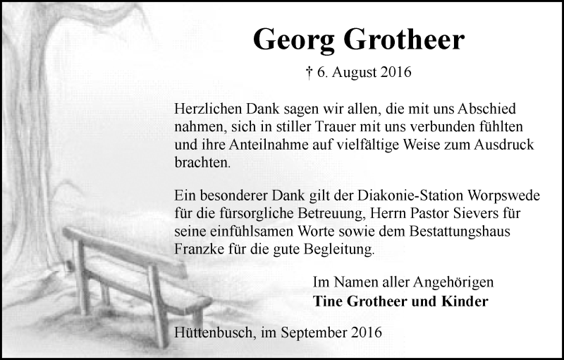 Traueranzeige von Georg Grotheer von Wuemme Zeitung