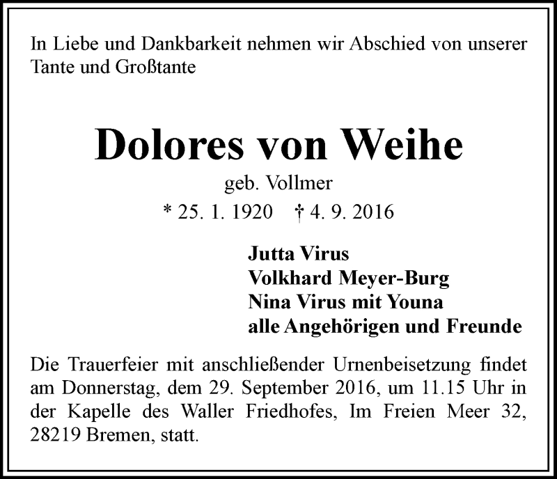 Traueranzeige von Dolores von Weihe von WESER-KURIER