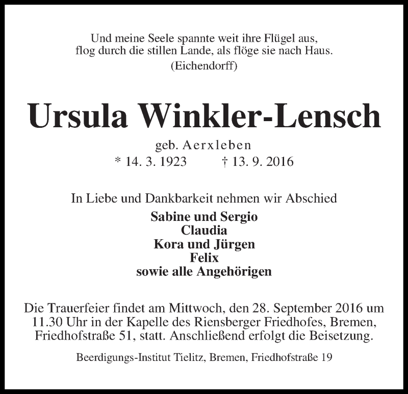 Traueranzeige von Ursula Winkler-Lensch von WESER-KURIER