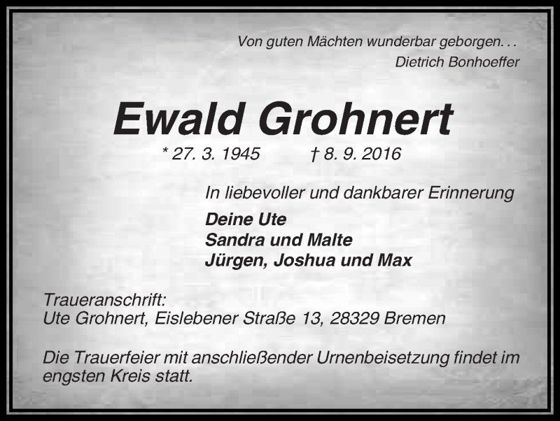 Traueranzeige von Ewald Grohnert von WESER-KURIER