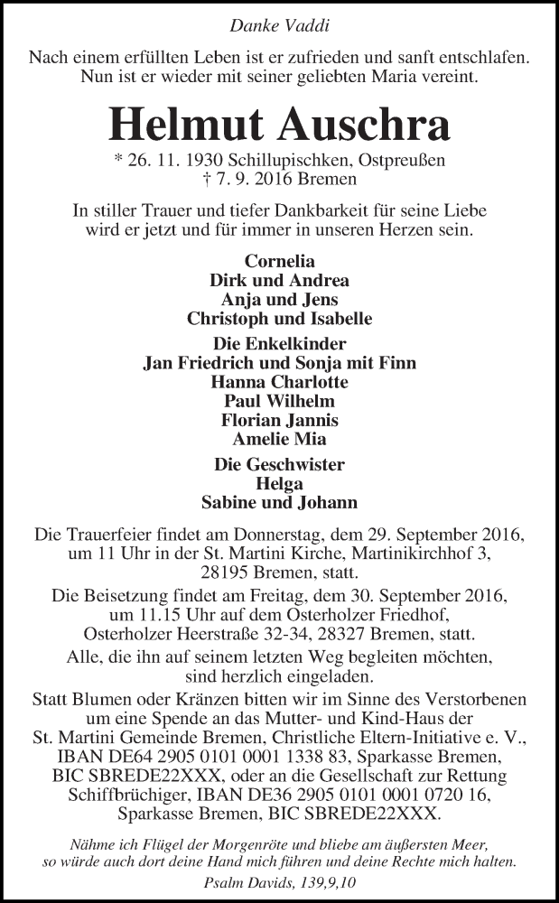 Traueranzeige von Helmut Auschra von WESER-KURIER