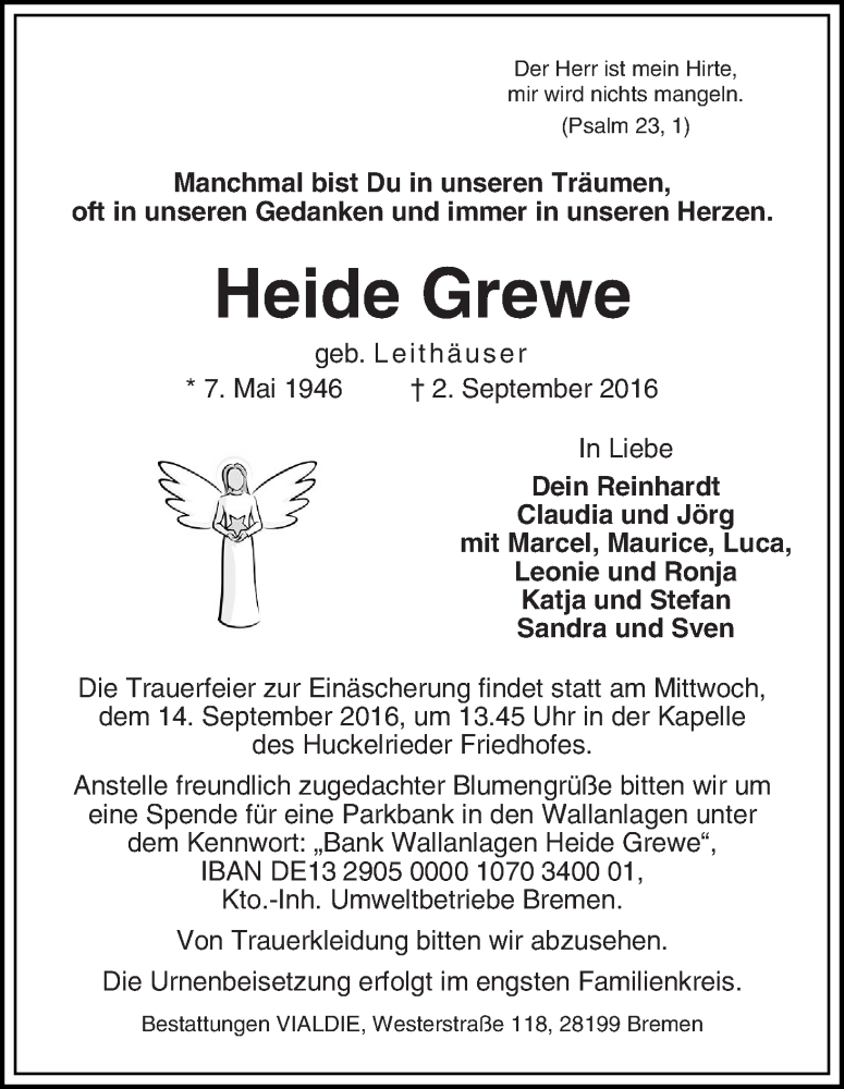  Traueranzeige für Heide Grewe vom 10.09.2016 aus WESER-KURIER