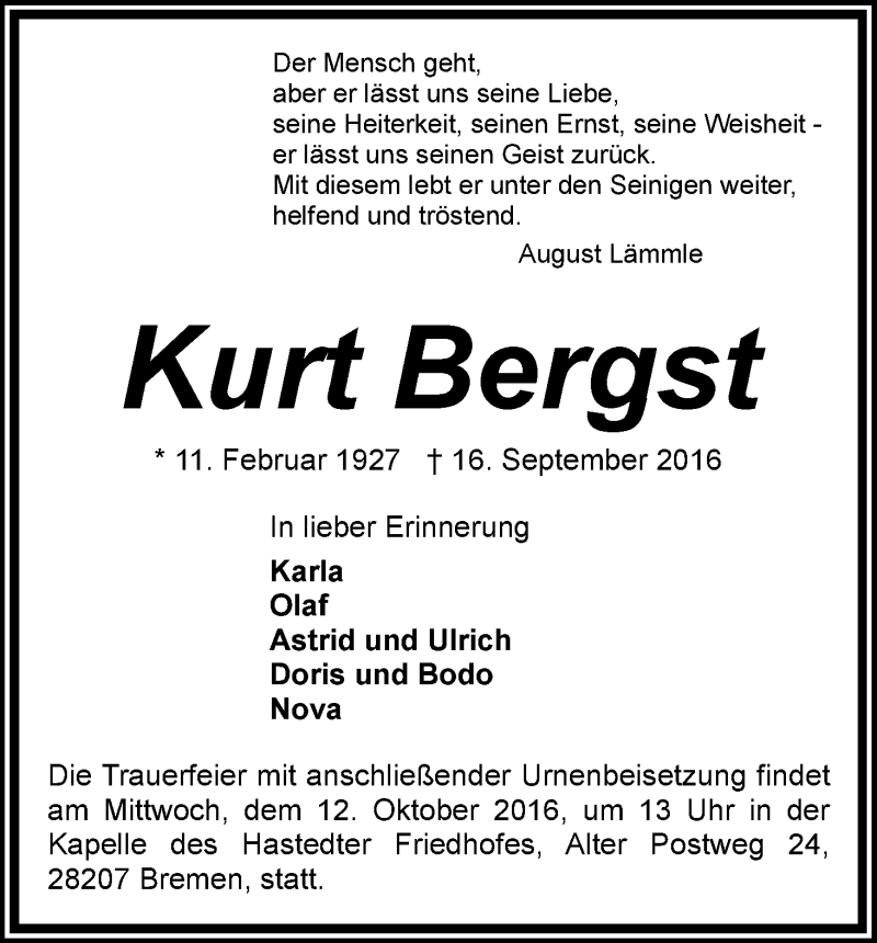Traueranzeige von Kurt Bergst von WESER-KURIER