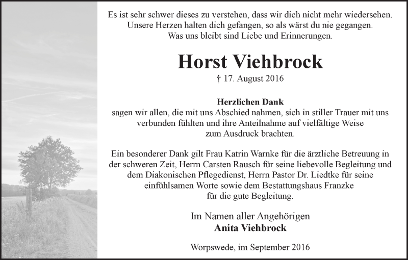 Traueranzeige von Horst Viehbrock von Wuemme Zeitung