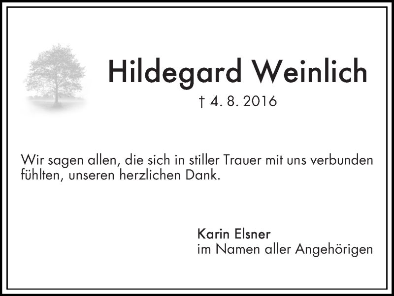 Traueranzeige von Hildegard Weinlich von Die Norddeutsche