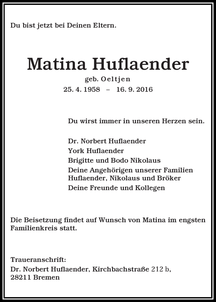 Traueranzeige von Matina Huflaender von WESER-KURIER