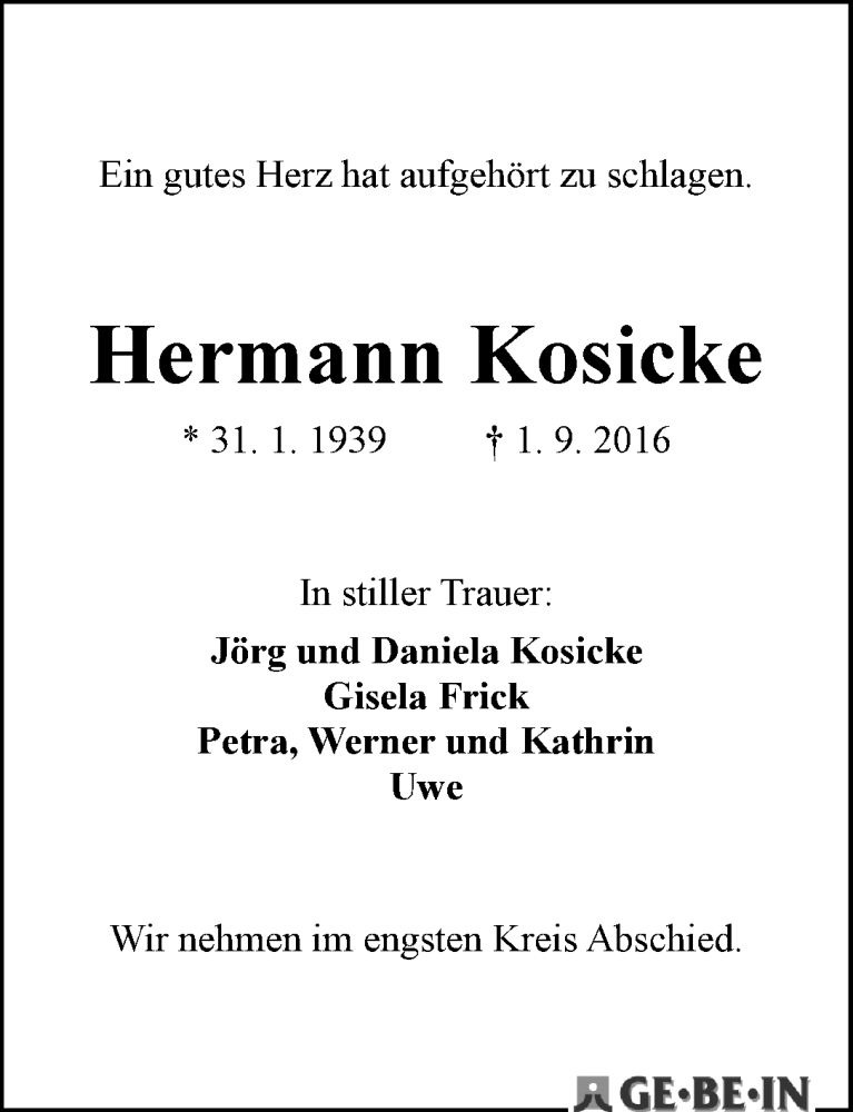 Traueranzeige von Hermann Kosicke von WESER-KURIER