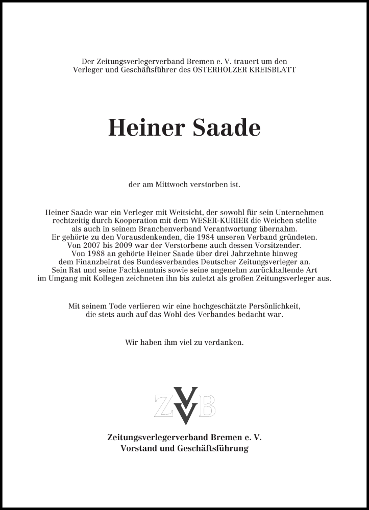  Traueranzeige für Heiner Saade vom 17.09.2016 aus WESER-KURIER