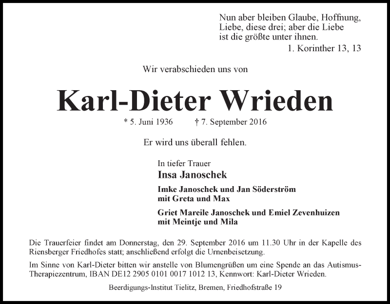 Traueranzeige von Karl-Dieter Wrieden von WESER-KURIER