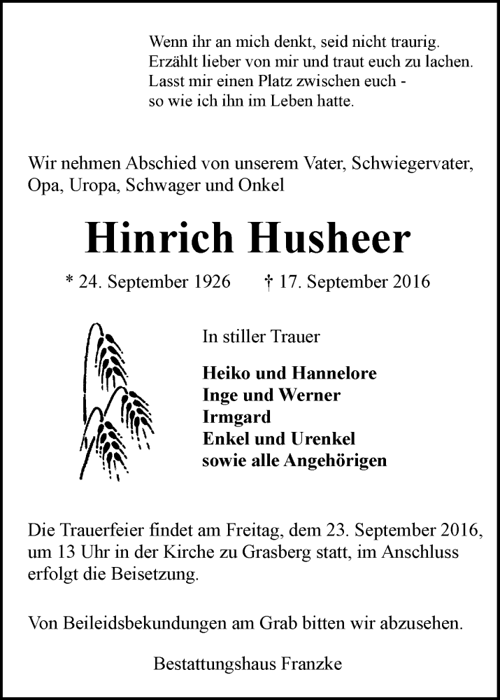 Traueranzeige von Hinrich Husheer von Wuemme Zeitung