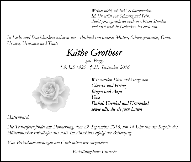  Traueranzeige für Käthe Grotheer vom 24.09.2016 aus Wuemme Zeitung
