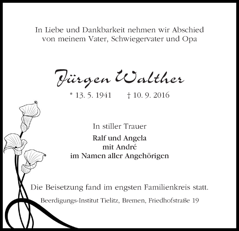 Traueranzeige von Jürgen Walther von WESER-KURIER