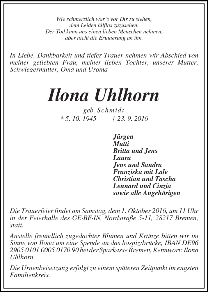 Traueranzeige von Ilona Uhlhorn von WESER-KURIER