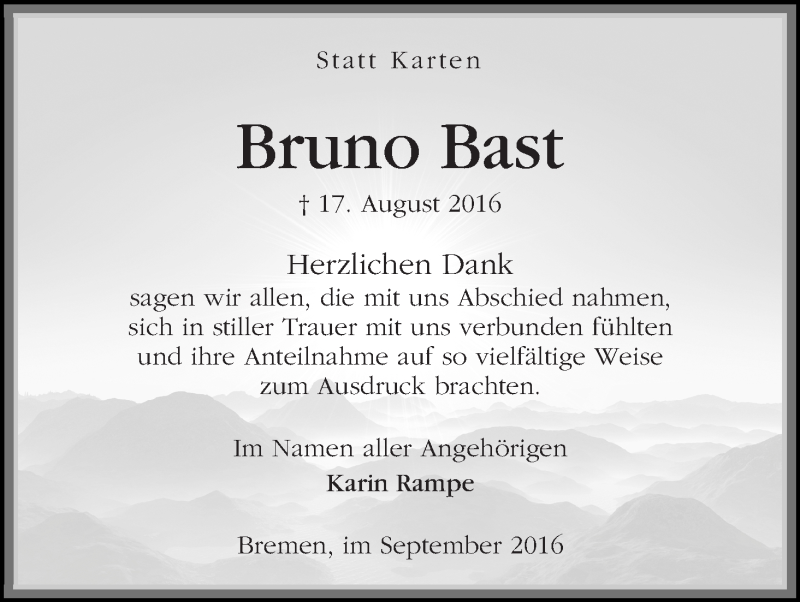 Traueranzeige von Bruno Bast von WESER-KURIER