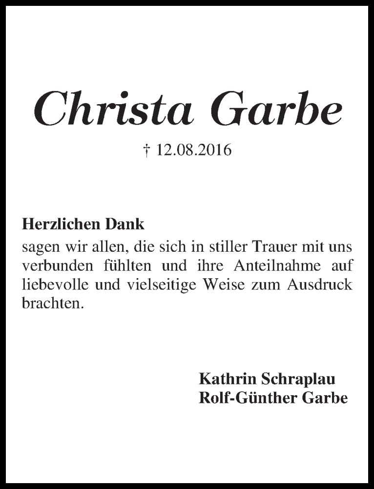 Traueranzeige von Christa Garbe von WESER-KURIER