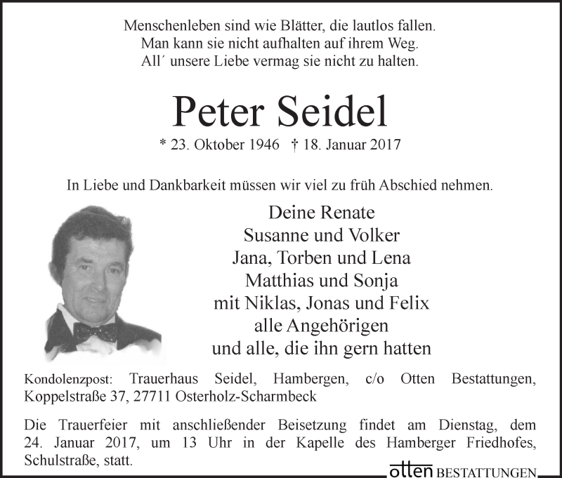 Traueranzeige von Peter Seidel von Osterholzer Kreisblatt