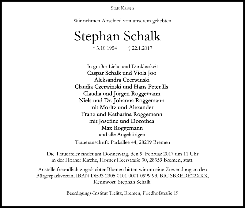 Traueranzeige von Stephan Schalk von WESER-KURIER