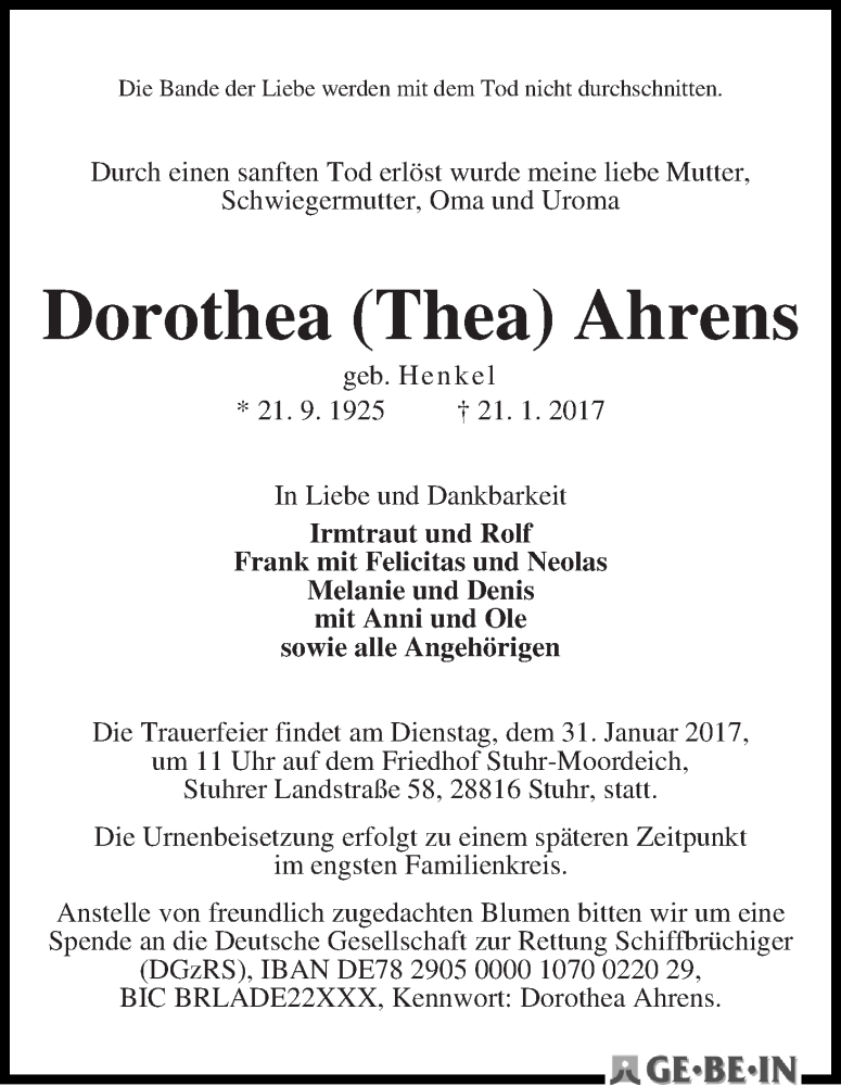 Traueranzeige von Dorothea (Thea) Ahrens von WESER-KURIER