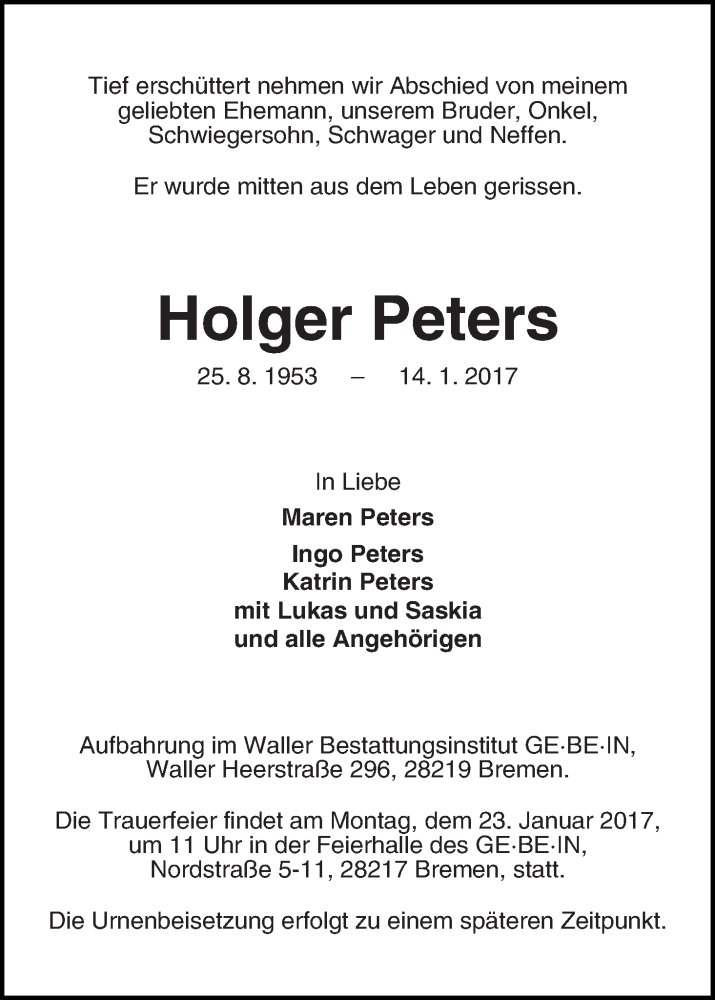  Traueranzeige für Holger Peters vom 18.01.2017 aus WESER-KURIER