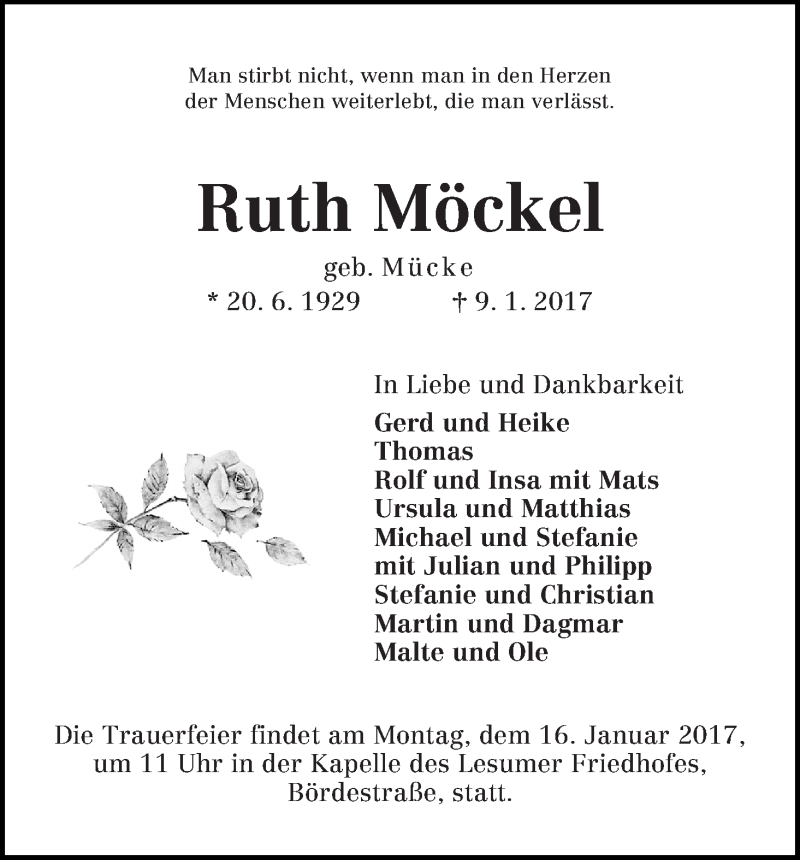 Traueranzeige von Ruth Möckel von WESER-KURIER