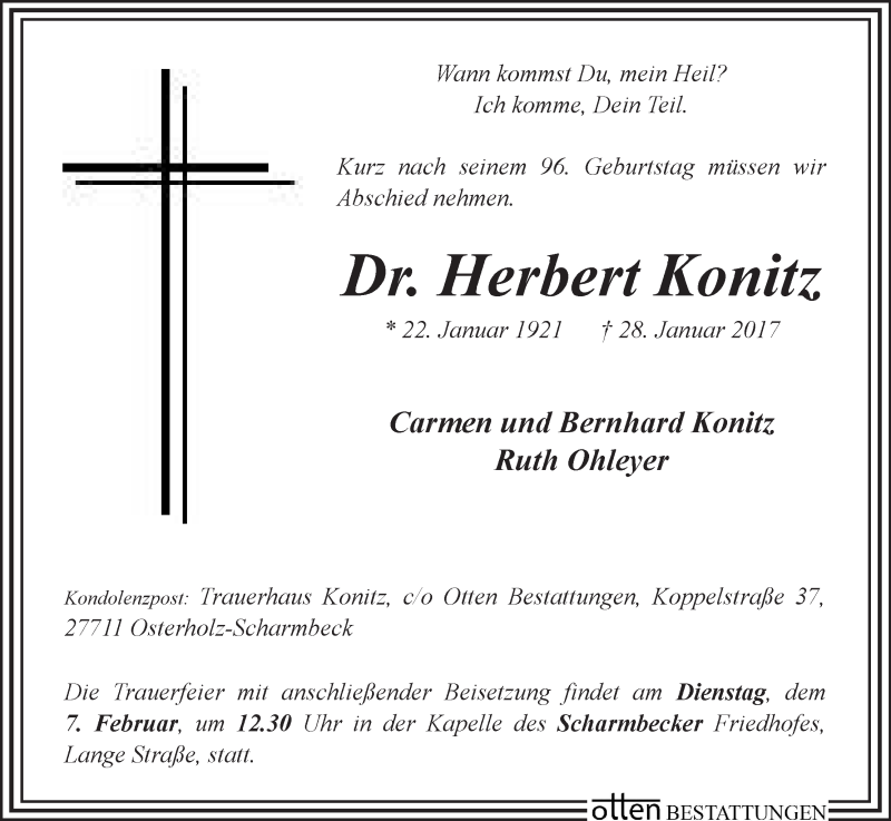 Traueranzeige von Herbert Konitz von Osterholzer Kreisblatt