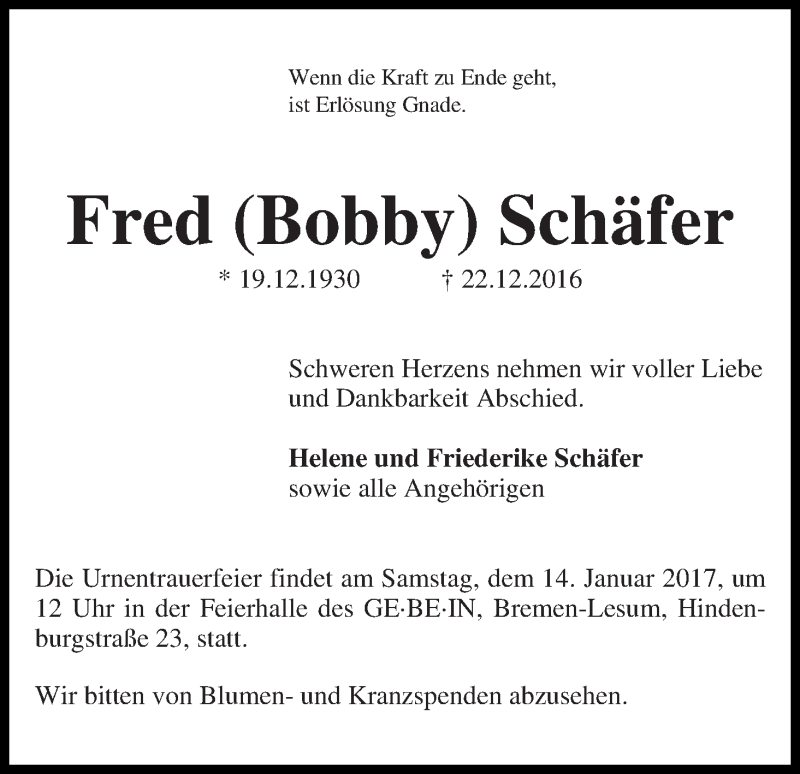Traueranzeige von Fred (Bobby) Schäfer von Die Norddeutsche