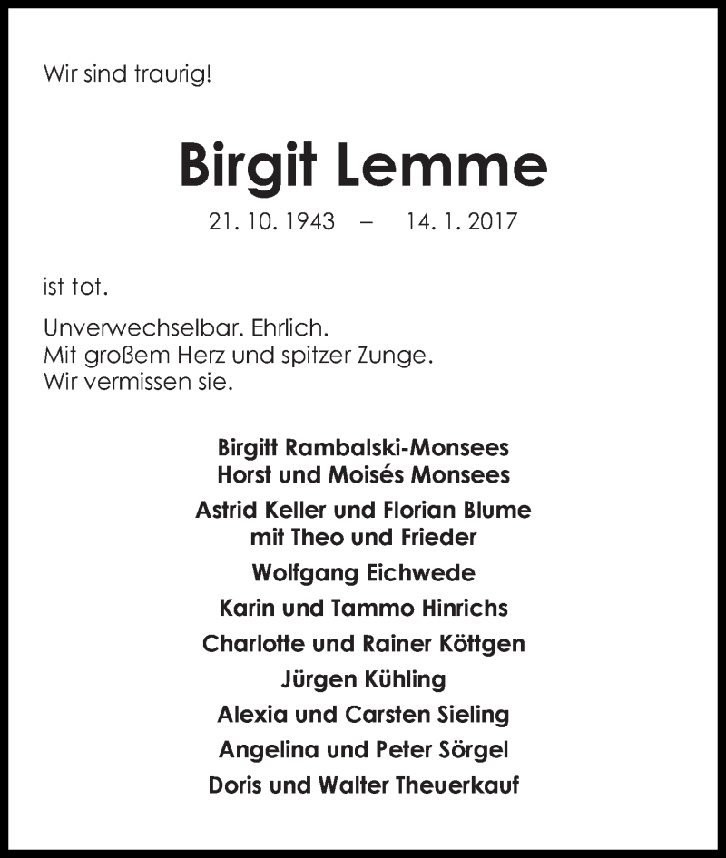 Traueranzeige von Birgit Lemme von WESER-KURIER