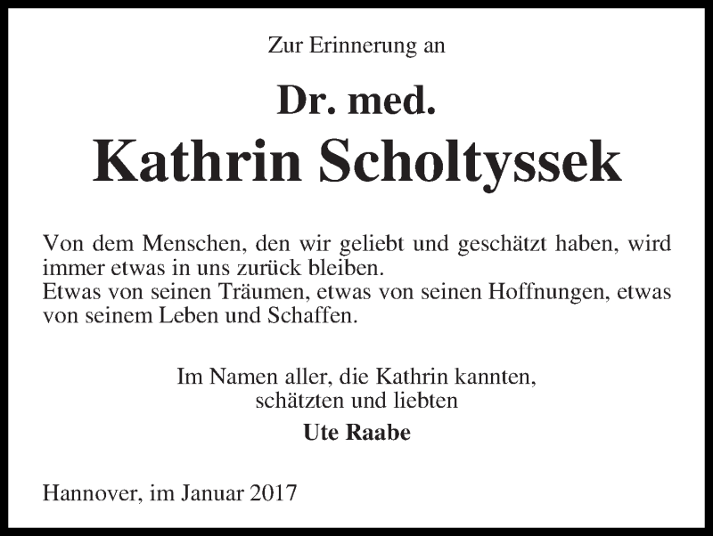  Traueranzeige für Kathrin Scholtyssek vom 12.01.2017 aus WESER-KURIER