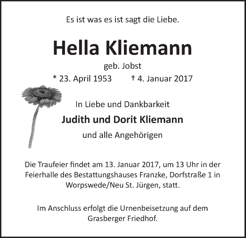 Traueranzeige von Hella Kliemann von WESER-KURIER