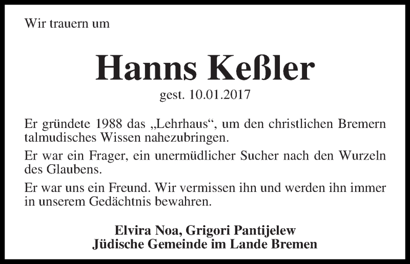 Traueranzeige von Hanns Keßler von WESER-KURIER