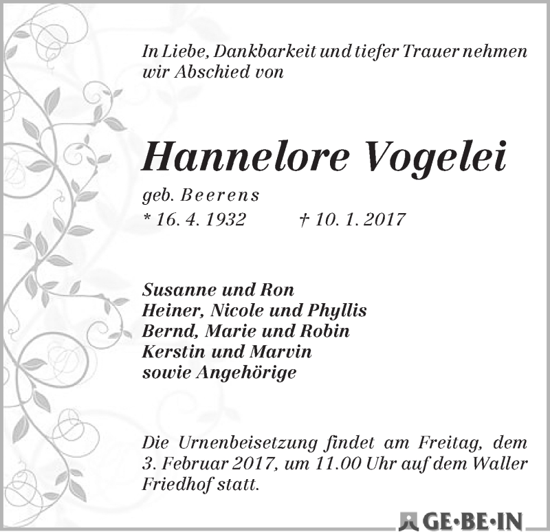 Traueranzeige von Hannelore Vogelei von WESER-KURIER