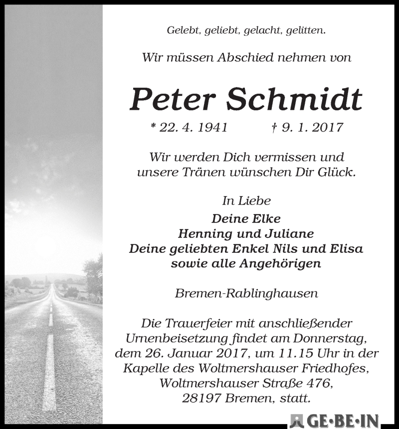 Traueranzeige von Peter Schmidt von WESER-KURIER