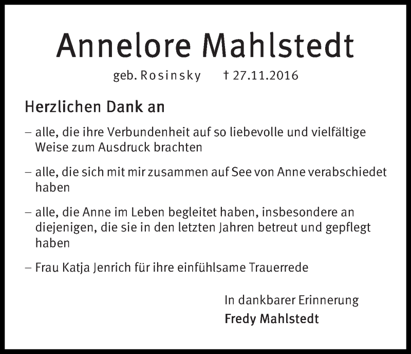 Traueranzeige von Annelore Mahlstedt von WESER-KURIER