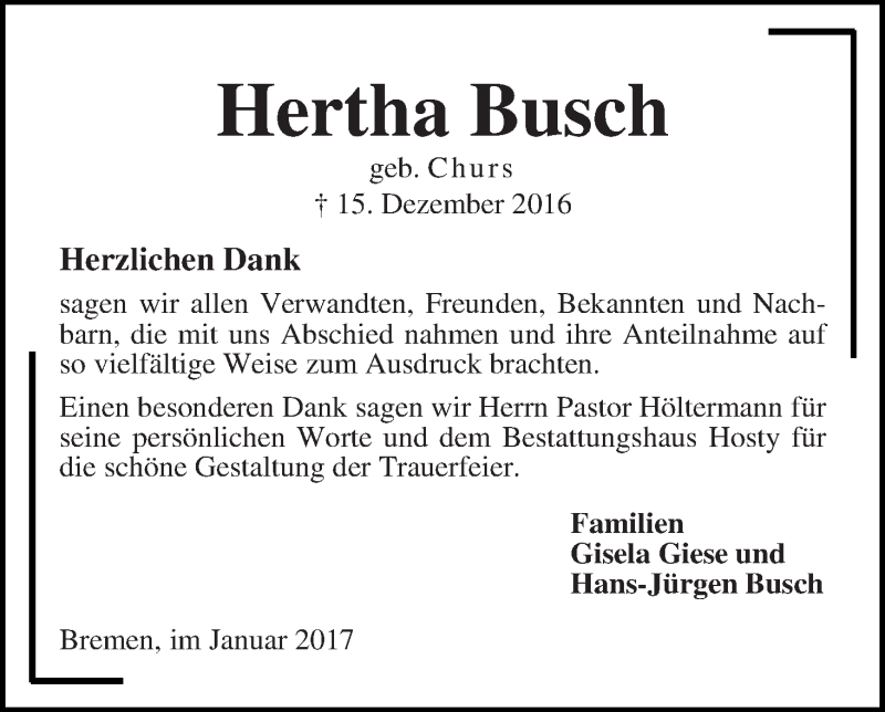 Traueranzeige von Hertha Busch von Die Norddeutsche