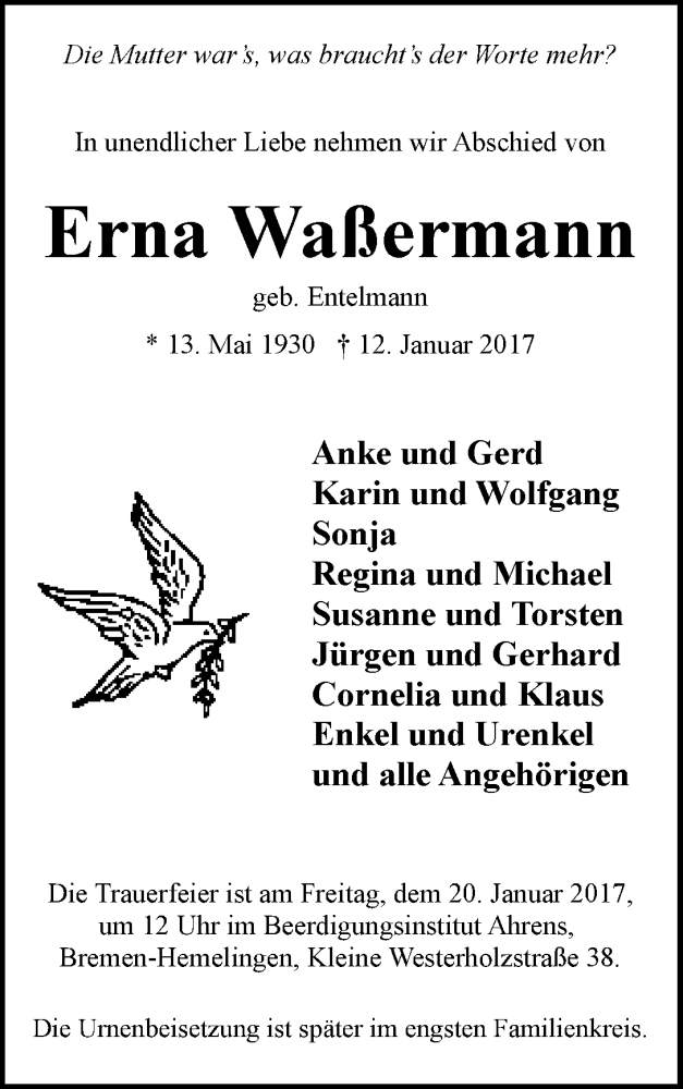  Traueranzeige für Erna Waßermann vom 17.01.2017 aus WESER-KURIER