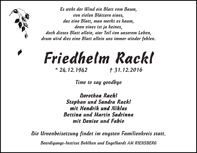  Traueranzeige für Friedhelm Rackl vom 07.01.2017 aus WESER-KURIER