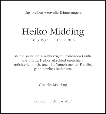 Traueranzeige von Heiko Midding