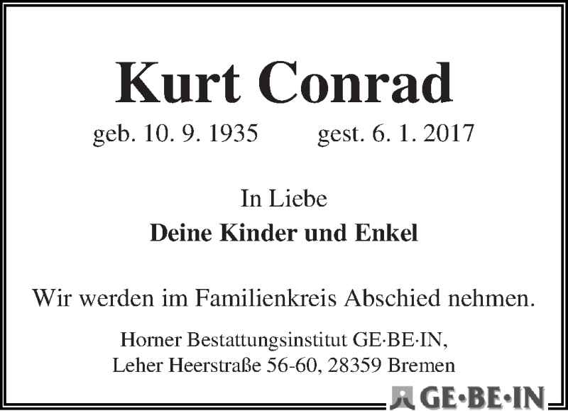 Traueranzeige von Kurt Conrad von WESER-KURIER