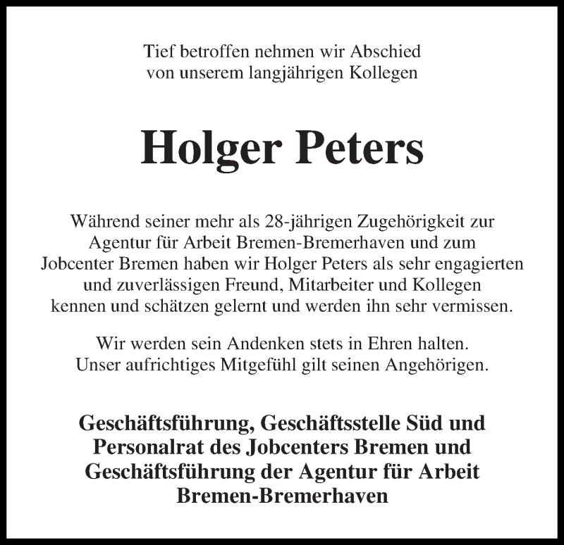  Traueranzeige für Holger Peters vom 21.01.2017 aus WESER-KURIER