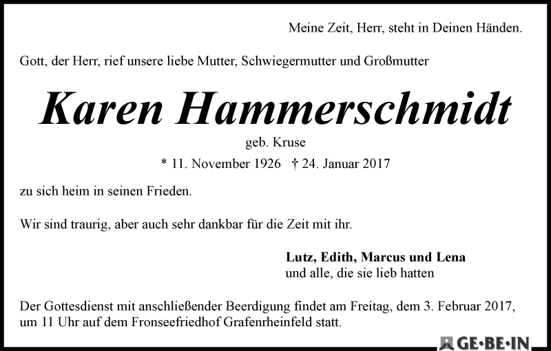 Traueranzeige von Karen Hammerschmidt von WESER-KURIER