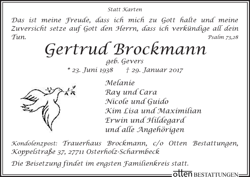 Traueranzeige von Gertrud Brockmann von Osterholzer Kreisblatt
