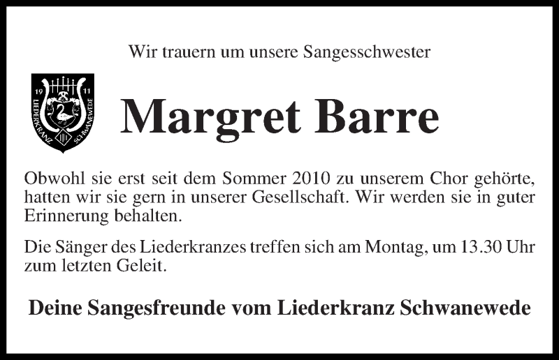 Traueranzeige von Margret Barre von Die Norddeutsche